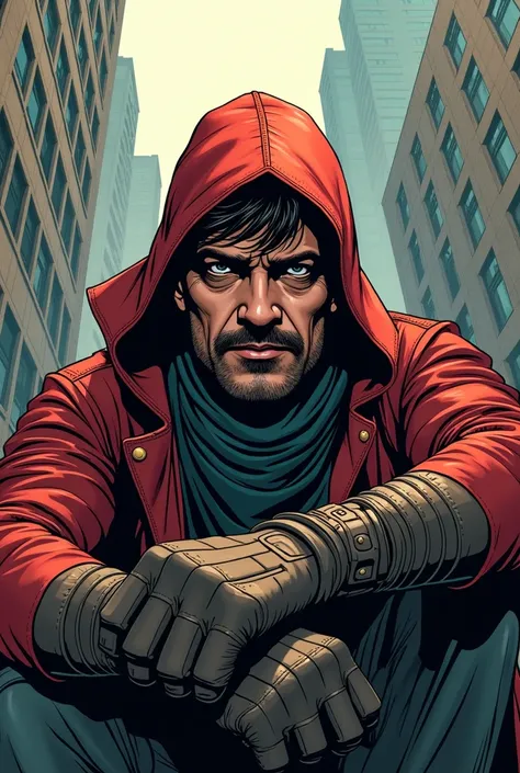 REALISTIC ILLUSTRATION OF HIGH GRAPHICS MODERN COMIC STYLE  , man , with short pronounced mustache and beard on his chin leather gloves , HOOD and mongomeri cloth , New York City Background,  plummeting from building 