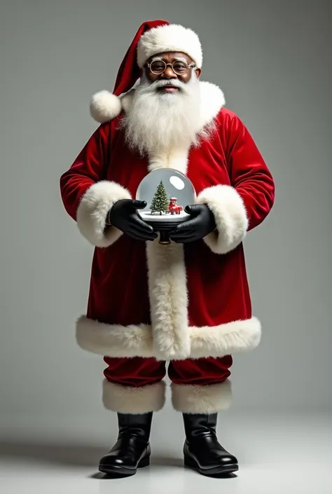 Black Santa Claus, with glasses, curly white beard, red velvet suit with white fur trim, black boots, holding a snow globe, photorealistic style" (Adds specific details to the suit and style)