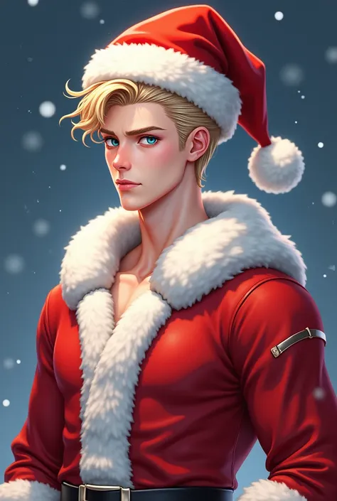   Manhwa digital art for tall and semi-muscular men ,  short blonde yellow hair blue eyes pearly skin Santa Claus dress with Christmas hat 