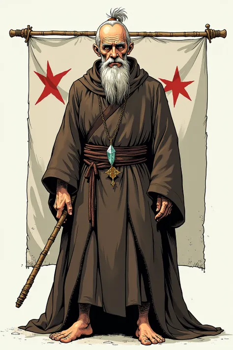 The High Sparrow has a lean, sharp face that is heavily lined. He is a small man.  Scrawny and thin as a broom handle, he can look half-starved. He ties his thin hair in a knot behind his head, and he keeps his grizzled grey and brown beard short and close...