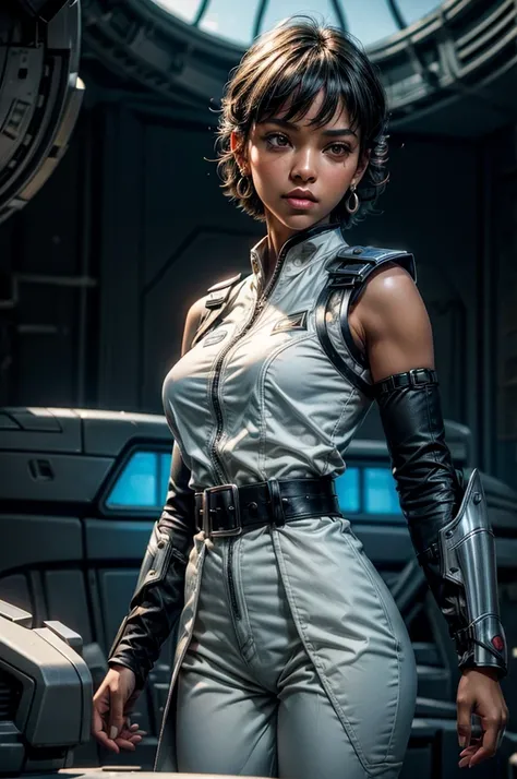 OliveHarper, 1girl, solo,l, short hair, black hair, jewelry, medium breasts, yellow eyes, earrings, detached sleeves, sleeveless, black belt, blue pants, dark skin, dark-skinned female, black belt, belt buckle, vambraces, standing in enormous space station...