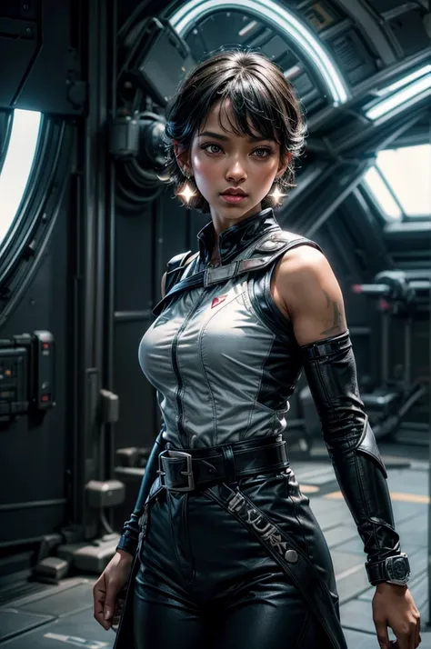 OliveHarper, 1girl, solo,l, short hair, black hair, jewelry, medium breasts, yellow eyes, earrings, detached sleeves, sleeveless, black belt, blue pants, dark skin, dark-skinned female, black belt, belt buckle, vambraces, standing in enormous space station...