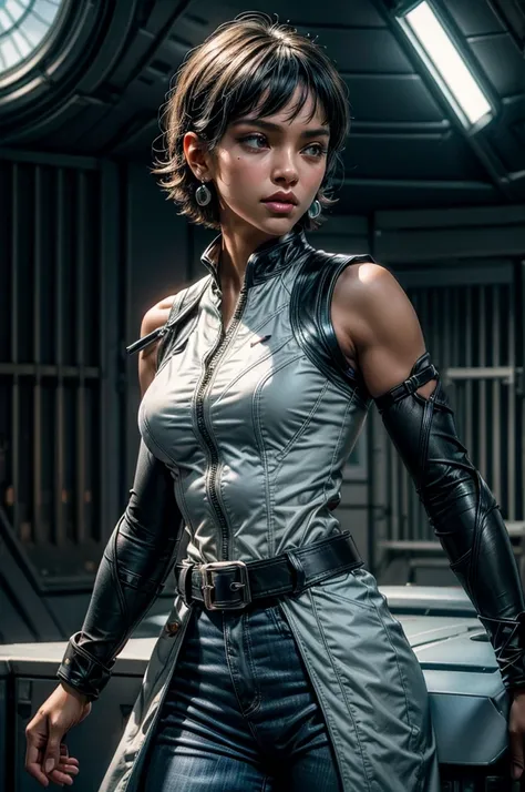 OliveHarper, 1girl, solo,l, short hair, black hair, jewelry, medium breasts, yellow eyes, earrings, detached sleeves, sleeveless, black belt, blue pants, dark skin, dark-skinned female, black belt, belt buckle, vambraces, standing in enormous space station...