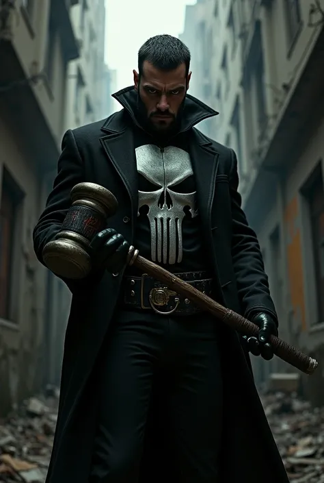 mysterious man, so face, Punisher with the judges hammer