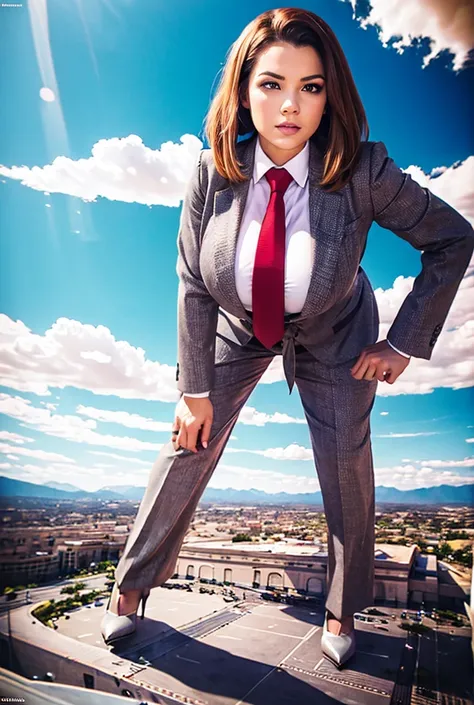 Looking down at the approaching young giga giantess, Giantess art, 500 miles tall giga giantess, young sophisticated and stylish woman in a light grey italian pinstriped trouser 3-peice suit, form fitting crisp office shirt, and a large wide light blue nec...