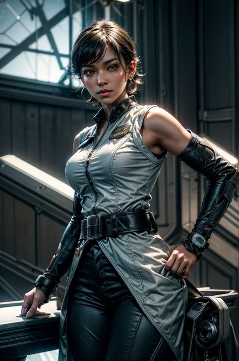 OliveHarper, 1girl, solo,l, short hair, black hair, jewelry, medium breasts, yellow eyes, earrings, detached sleeves, sleeveless, black belt, blue pants, dark skin, dark-skinned female, black belt, belt buckle, vambraces, standing in enormous space station...