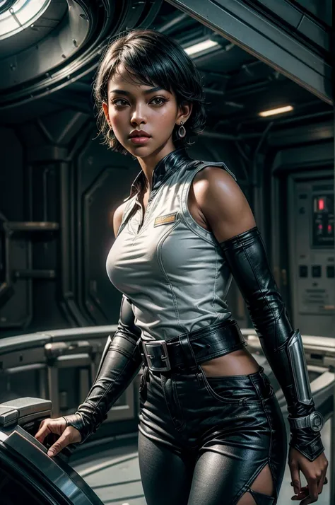 OliveHarper, 1girl, solo,l, short hair, black hair, jewelry, medium breasts, yellow eyes, earrings, detached sleeves, sleeveless, black belt, blue pants, dark skin, dark-skinned female, black belt, belt buckle, vambraces, standing in enormous space station...