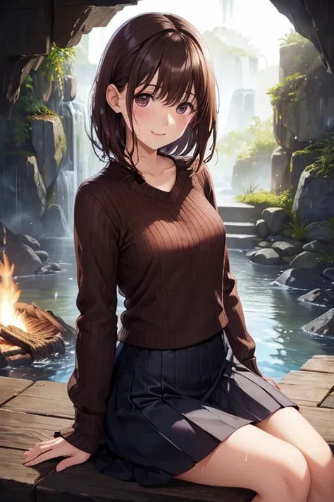 ( High Quality ,  high res,  Details),  realistic , ( Inside the Cave), Bonfire, ( sitting), break ( wet hair:1.2), (  Clothes Are Wet  :1.2), (Ribbed knit), ( skirt), Alone, Bonfireを眺める,  cute woman wet in the rain, Sparkling Eyes, ( detail eyes), , sweat...