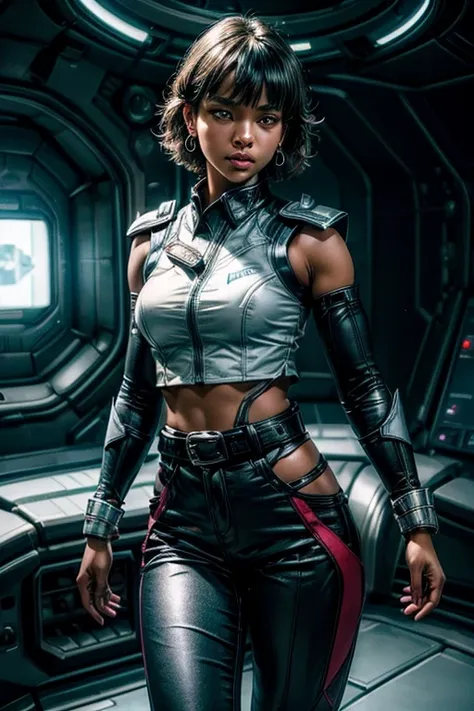 OliveHarper, 1girl, solo,l, short hair, black hair, jewelry, medium breasts, yellow eyes, earrings, detached sleeves, sleeveless, black belt, blue pants, dark skin, dark-skinned female, black belt, belt buckle, vambraces, standing in enormous space station...