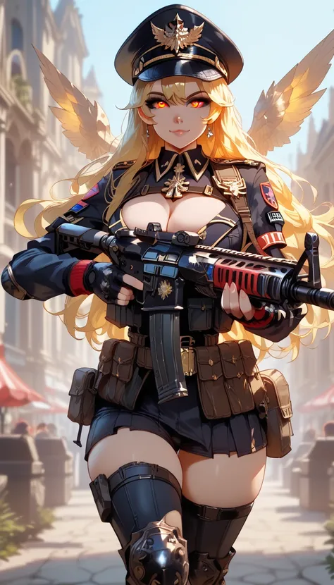 ultra-detailed, 1girl, solo, ((masterpiece)), (best quality), (highres), 16K, yellow eyes, yellow hair, long hair, peaked cap, wearing military uniform, fingerless gloves, tactical belt, knee pads, black thong, thighhighs, boots, busty body, large breasts ...