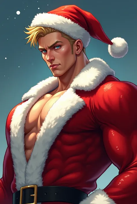   Manhwa digital art tall, semi-exercised man,  short blonde yellow hair blue eyes pearly skin dressed as Santa Claus with Christmas hat 