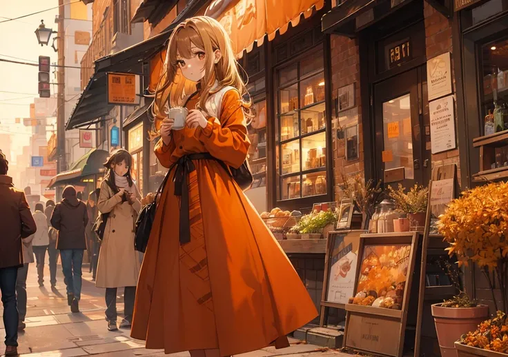 A beautiful girl in warm brown and orange hues stands on a bustling street corner. A scene that evokes the spicy and warm aroma of chai tea. Her fluffy dress and hair flutter in the gentle breeze, with the warm colors of autumn in the background