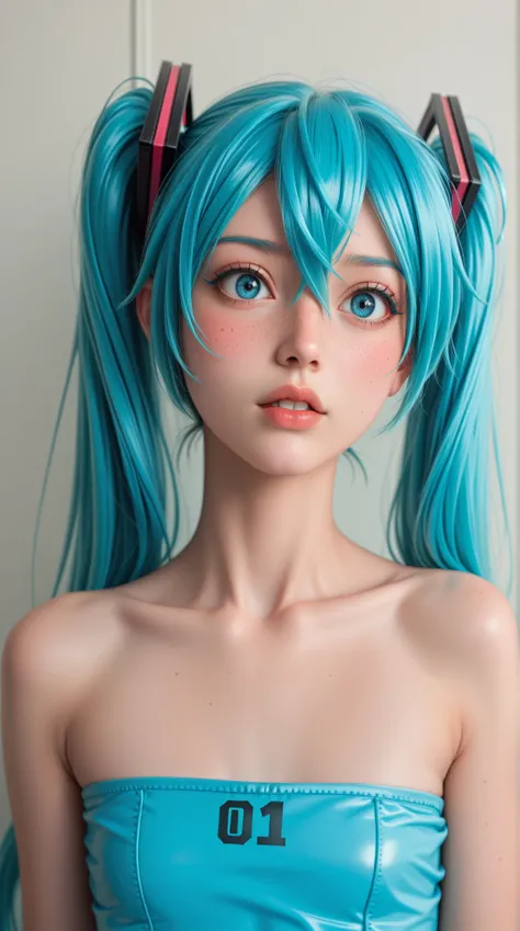 (masterpiece, highres, high resolution:1.2), anime 20 yo girl, hatsune miku from vocaloid, blue hair, blue eyes, portrait, shoulders up, illustration. drawn, blushing, solo, surprised, freckles, big lips, small breasts, perfect body, wearing a tube top, no...