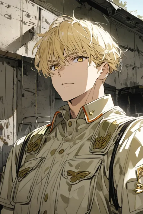 blond hairs, man, short hair, golden eyes, military, summer army outfit, soldier, 
