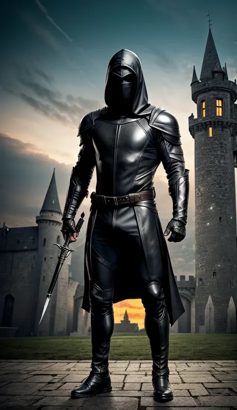 A full-body image of a muscular adult male.black leather full-body image 、face mask and hood, a hooded person in invisible armor . wears leather armor, Tights.epic ninja suit, rogue.Leather fit to cover the whole body. smooth leather .Boy Teenage Assassin ...