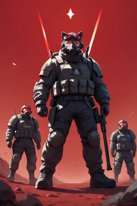 High quality, 8k ultra HD, dark, 4 soldiers with black gear standing in an empty road, heavily armored, gas masks, glowing red goggles, red background