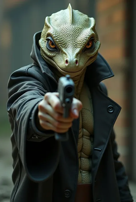 Lizardman without anything on his head, just bald, no spikes etc. Wearing a trench coat walks infront of camera with a hunter eye stare holding a gun. Make it anime style