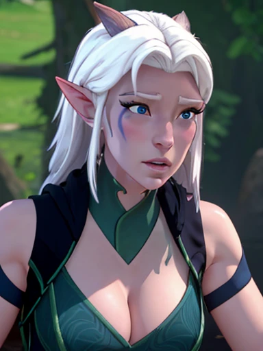  Rayla  , ALBINA ELF , blue eyes pink cheeks full lips,   tight white skin ,  NSFW, huge breasts,  close up of 8k wallpaper  