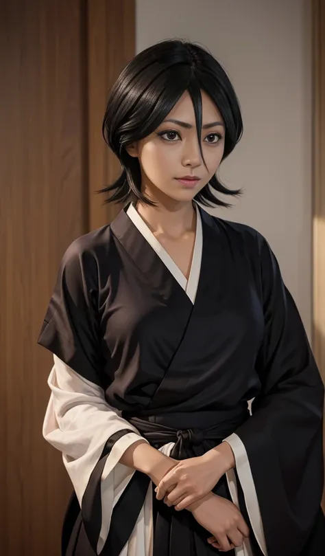 Rukia Kuchiki,1girl,short hair, black hair,Purple eyes,to smile, Looking at Viewer ,black kimono, hair between the eyes ,wide sleeves,Viewer oriented,hakama therefore,soft lighting,(best quality,4K,8k,Altas,master part:1.2), ultra-detailed,(Realistic, phot...