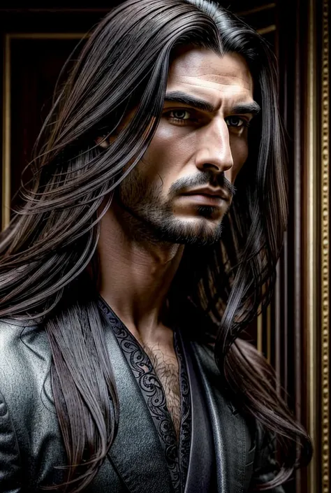 high quality, 8K Ultra HD, A handsome man with long dark hair, grey eyes, a prominent nose, and an authoritative countenance, mysterious, elegant, appealing, intricate, masculine, detailed and intricate, character, elegant, beautiful, revealing, appealing,...