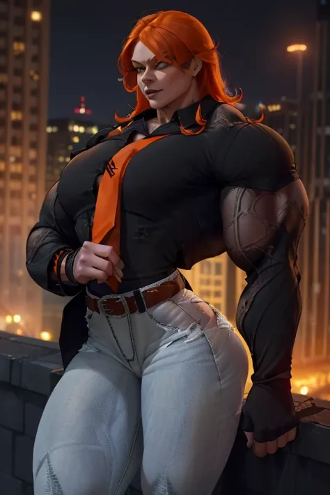 ((Close-up)), tall, ((orange hair)), beautiful muscular woman, long shaggy hair, white skinned, (black lipstick), smirking, (massive muscles), (hyper muscle), ((ginormous bulky muscles)), green eyes, (((((long sleeve collared shirt))))), ((((skinny jeans a...