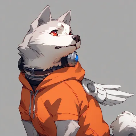 koromaru, grey/white fur, dog, red eyes, feral, wearing orange hoodie, headphones around neck, simple background, standing