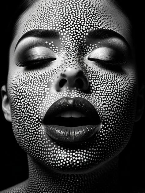  dark dot art ,  Black and White Art ,  dot psychedelic art , grayscale, Surreal image.   high concentration of various sulfur dots  .   gray chaotic medium  ,   eye contour shaped optical illusion  ,  nose、 optical illusion shaped like mouth outline stand...