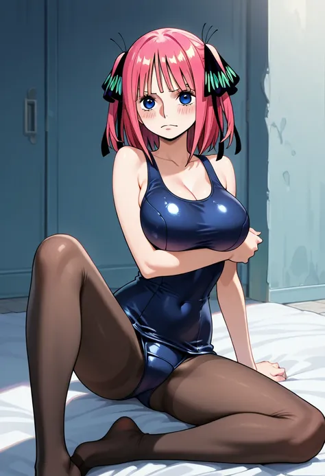 1girl, large breasts, blush, cheerful eyes,one piece swimsuit, school swimsuit, pantyhose, shameless pose,Nakano Nino