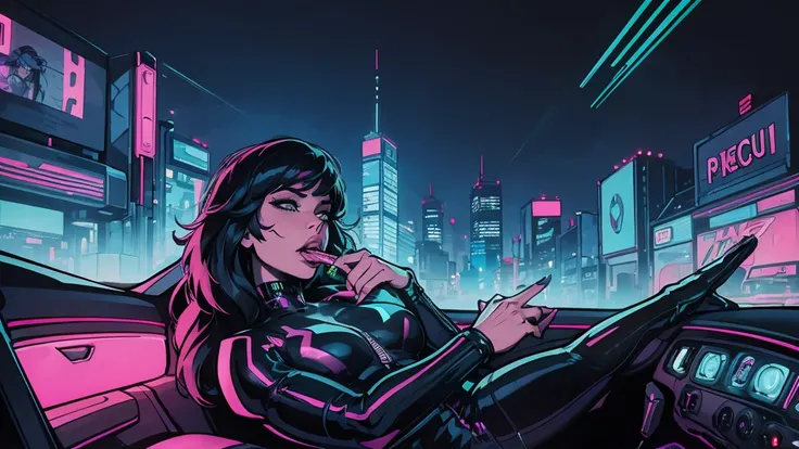 woman lying in back seat of cyberpunk car, sucking a cyberpunk mans big penis, cyberpunk city in background, neon lights, night