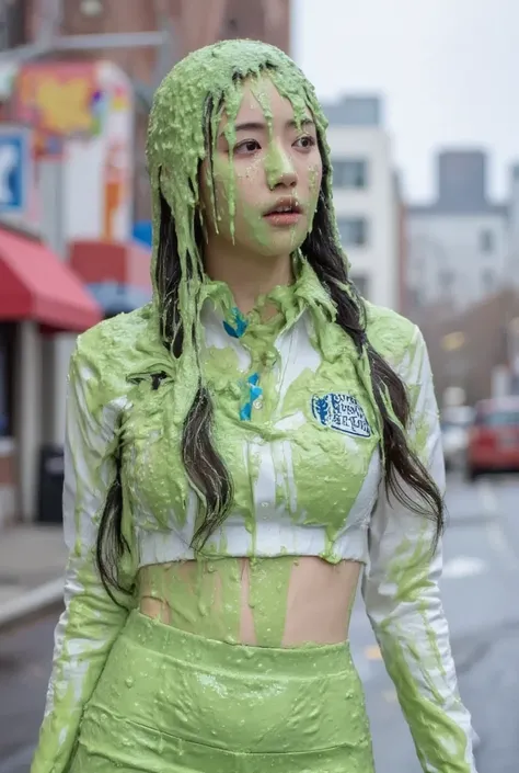 DSLR photograph. Beautiful Chinese woman covered in green water. Photorealistic. Wet liquid. Nasty slime. Raw photo. New York City streets. Daytime. Green Slime. Dripping green goo. 21 years old. (Asian: 1.1). pigtails. Green water. Portrait photo. Beautif...