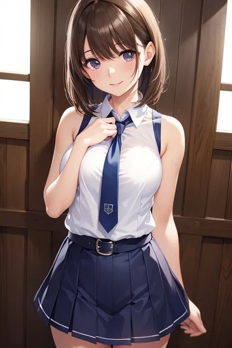 ( High Quality ,  high res,  Details),  realistic ,  sleeveless shirt that grabs a girls waist,  ties,   tight skirt , Alone,  Beautiful Women, Sparkling Eyes, ( detail eyes), smile, , sweat,  oily skin ,  shallow depth of field、anegasaki nene、 shiny maroo...