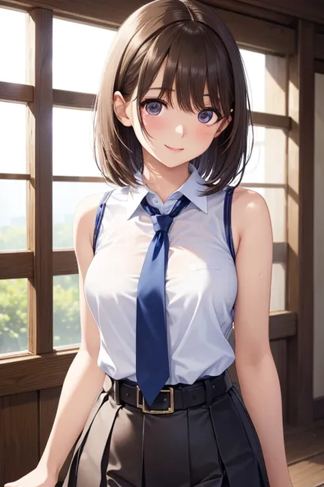 ( High Quality ,  high res,  Details),  realistic ,  sleeveless shirt that grabs a girls waist,  ties,   tight skirt , Alone,  Beautiful Women, Sparkling Eyes, ( detail eyes), smile, , sweat,  oily skin ,  shallow depth of field、anegasaki nene、 shiny maroo...