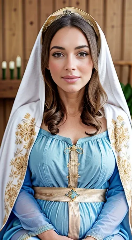 create an image of a beautiful woman in a light blue cloak with gold-colored embroidery on flower borders,  sitting on a pile of straw , She is pregnant,  dressed in a long white dress , she is the Virgin Mary ,  virgin Mary is in the manger next door ther...