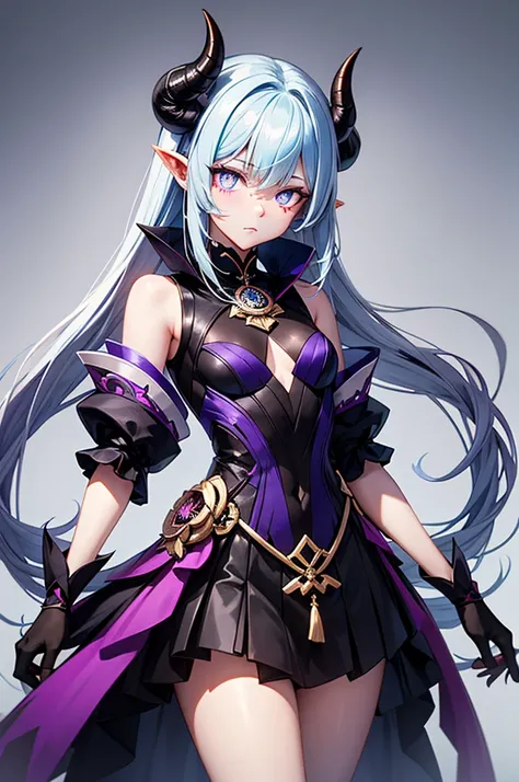  A female demon with black skin and very long light blue hair with some black highlights,  with small purple horns ,  blue eyes , but purple pupils ,  small white freckles with clothes like a stylish Genshin Impact character 