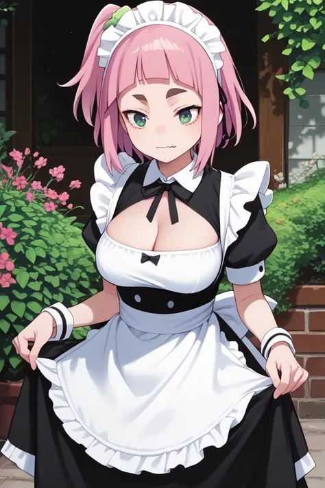 source_anime,
kiuiwatase, kiui watase, short hair, bangs, hair ornament, green eyes, pink hair, thick eyebrows,blunt bangs,
skin fang, large breasts, cleavage,                         maid, maid headdress, cleavage cutout, apron, garden, standing, cowboy s...