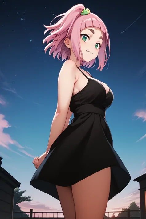 source_anime,
kiuiwatase, kiui watase, short hair, bangs, hair ornament, green eyes, pink hair, thick eyebrows,blunt bangs,
skin fang, large breasts, cleavage,                         (curvy), cute, elegant black dress, night, starry sky, romantic setting,...