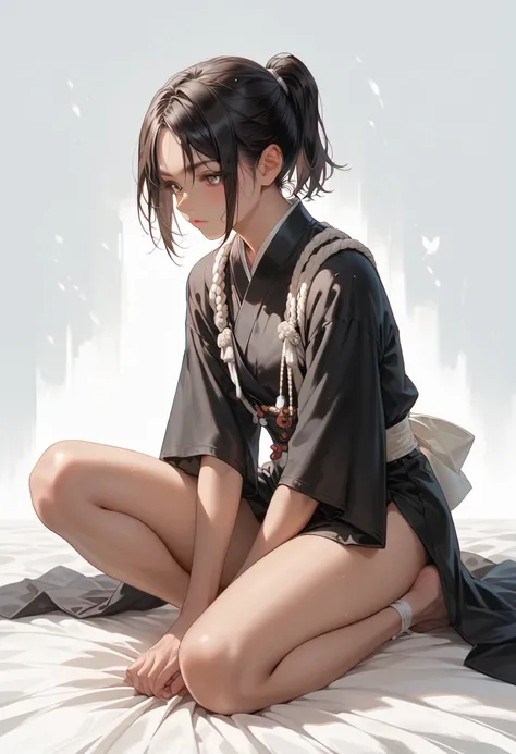  short boyish ,  black hair, short ponytail, parted bangs,  tan, black samurai costume , full body