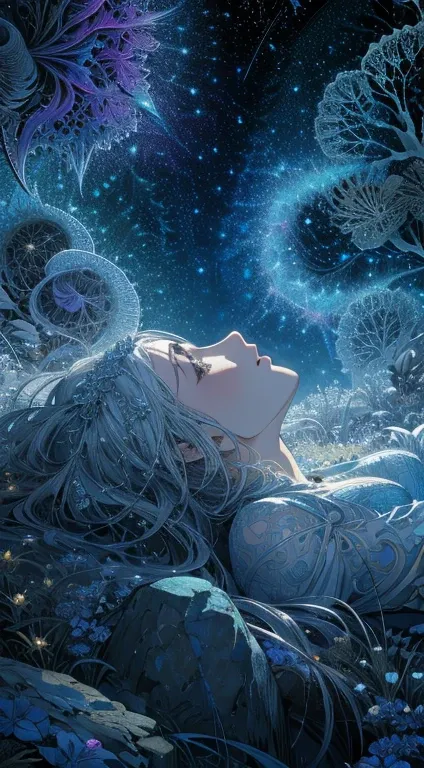 Peaceful garden at night ,  lying on a rock and looking up at the starry sky .  Your silver hair reflects moonlight ,  and your face conveys a rare moment of vulnerability, ( masterpiece ,  superior quality,  best quality, official art,  beautiful and aest...