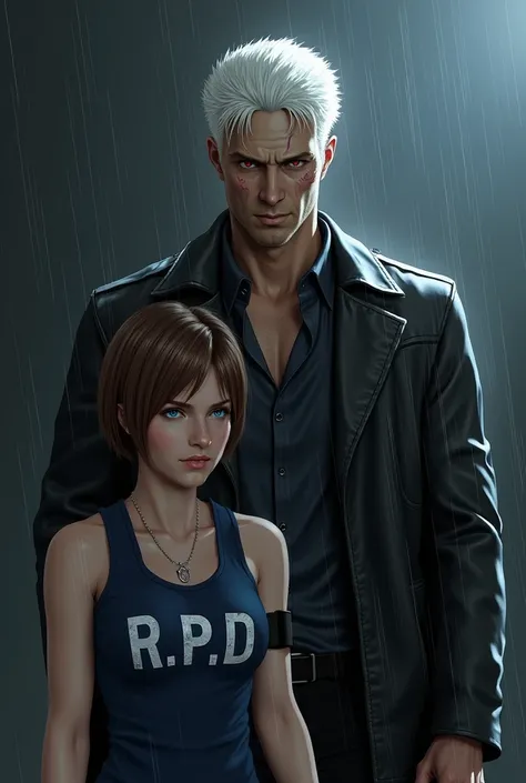 What if Jill Valentine and Albert Wesker were in love. The image showcases a digital illustration of two characters set against a dark, rain-swept background.

The first character, a young woman, is positioned slightly in front of the second character. She...