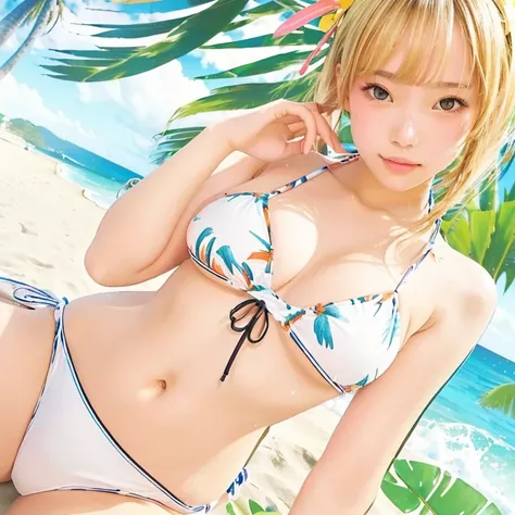  girl in bikini on beach with palm trees and blue sky, realistic bikini, on a sunny beach, in the beach, shikamimi, attire: bikini, splash art  loli, ecchi  style, seductive girl, is wearing a swimsuit, at a tropical beach, moe artstyle, at the beach, swim...