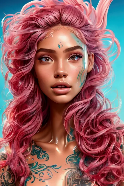 Hyperrealism, extreme close-up Portrait of a beautiful, stunning unique female character. She has large turquoise eyes filled with joy and excitement, extravagant eyelashes, making this image a masterpiece of photography and digital art. Style: realistic h...