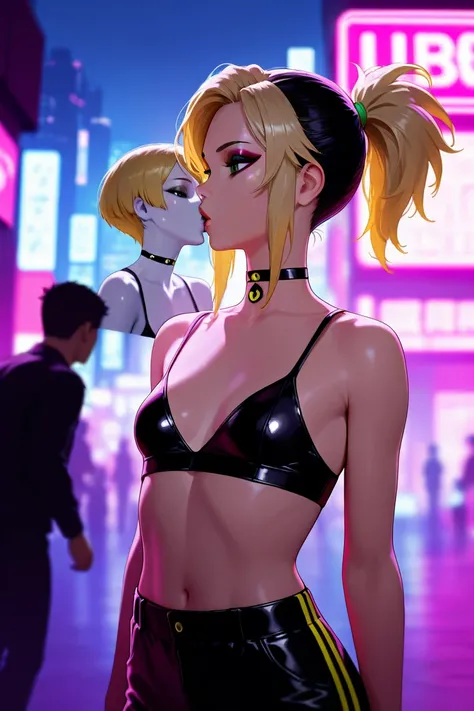 (masterpiece, best quality, 8k, sharp focus, depth of field, best shadows, perfect lights, HDR, realistic skin texture, ultra-detailed background, detailed), anime style, 2 women kissing (one of them has green eyes, white skin, black hair with ponytail, ch...