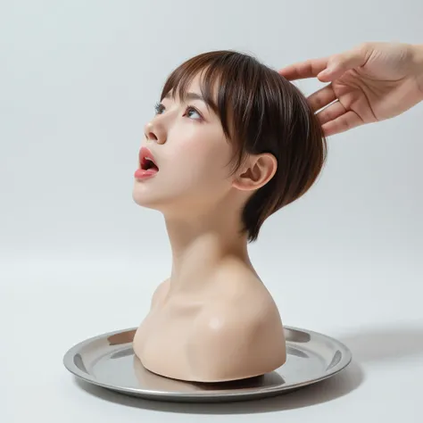 Picture of a disembodied 19 years old chinese womans head from side view, standing on a silver tray. We see the head from side. The head is tilted back. The woman has beautiful, super straight, super thick, super smooth, super silky, short pixie hair with ...