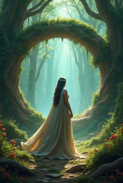 a priestess guarding a circular portal surrounded by a tree,  Magic Forest, Photo RAW, Realistic, ultra-detailed,  ultra realistic , 8k,