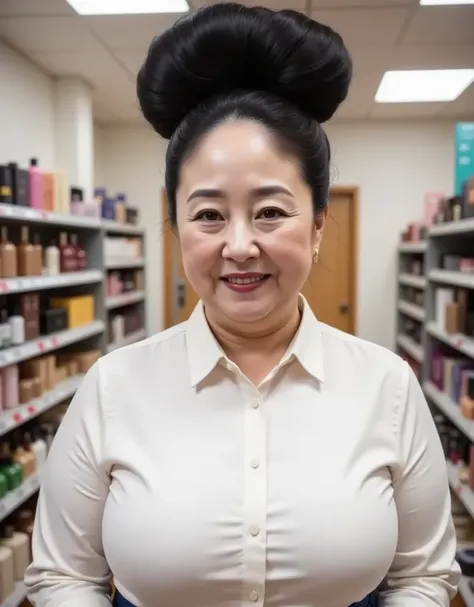 8k,Best Quality, masterpiece,  ultra high resolution,(masterpiece:1.6, Best Quality),  intricate details,Middle-aged woman in her 50s, Japanese, full body,  On the head, (( a mature woman wearing a huge bun hair , Big Hair Bun :1.5)),(( Jet Black Hair )), ...