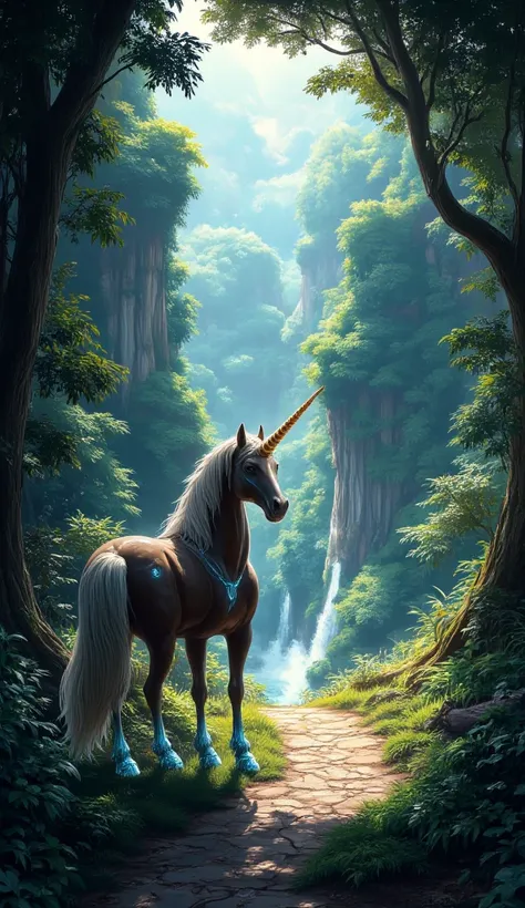  a unicorn on a pathway leading to a magical forest, in the style of artgerm, dark brown and sky-blue, inventive character designs, 8k resolution, dragon art, national geographic photo, changelingcore