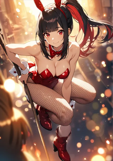 1 girl, Game CG, full body , 
shallow depth of field, a portrait with a soft Gaussian blurred background, creating a dreamy atmosphere, focus on face,
broomstick riding, deep cleavage, collarbone, bar, smile, 

(Black Hair, dark scarlet inner color, straig...