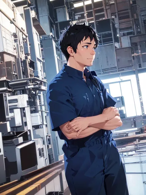  (side angle),masterpiece, best quality, Japanese manga style,upper body, side angle,(33 year old male Worker in Uniform: 1.5) and (short black hair) and (blue eyes),(serious:1.1),blue Practical Jumpsuit,inside the Factory, Impressive Large Building, Conve...