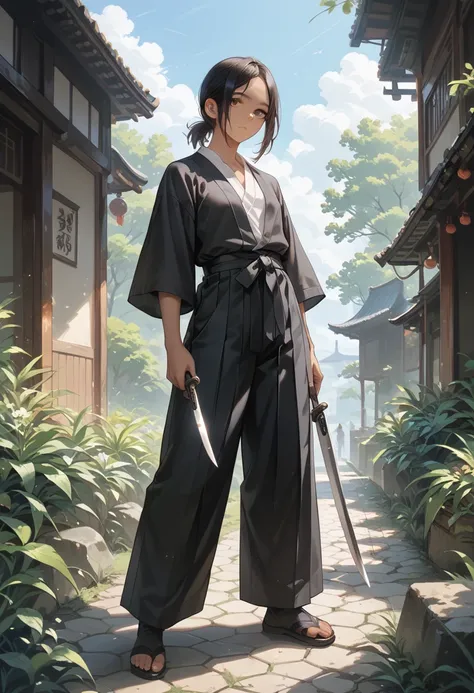  short boyish ,  black hair, short ponytail, parted bangs,  tan, black samurai costume , Hakama, full body,  Japanese Knife , White honeycomb on forehead