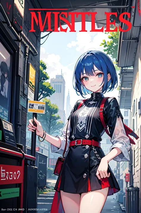 pixel, pixel art, 1girl, short hair, blue hair, body, smile, cozy, poster, fantasy world, rainy